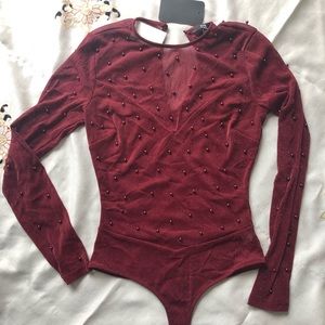 Maroon sheer beaded bodysuit